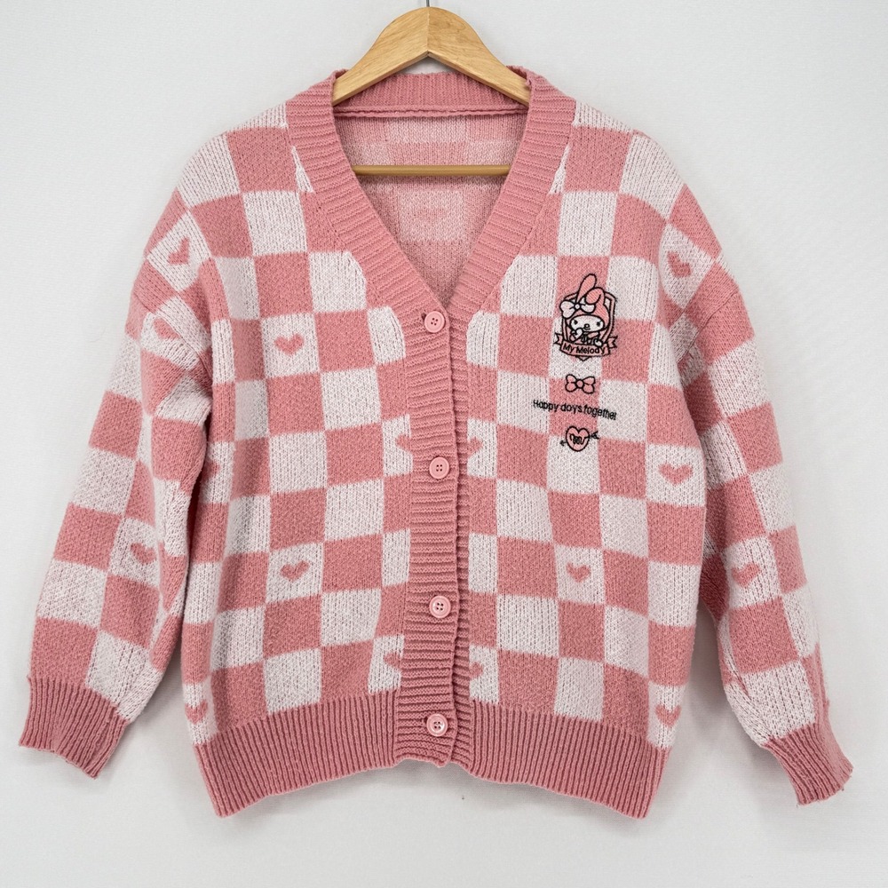 Sanrio My Melody Cardigan Women XL Pink Checkered Heart Harajuku Kawaii Coquette